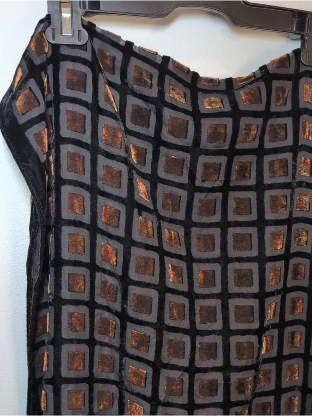 Vintage Y2K Silk Blend Burnout Velvet Scarf Fringe Geo Black Copper Luxe Wrap